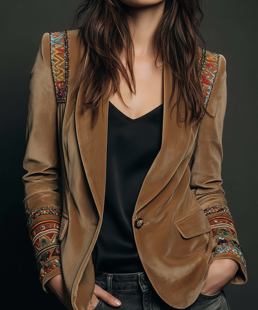 Polyester velvet Embroidered Blazer With Bohemian Detailing