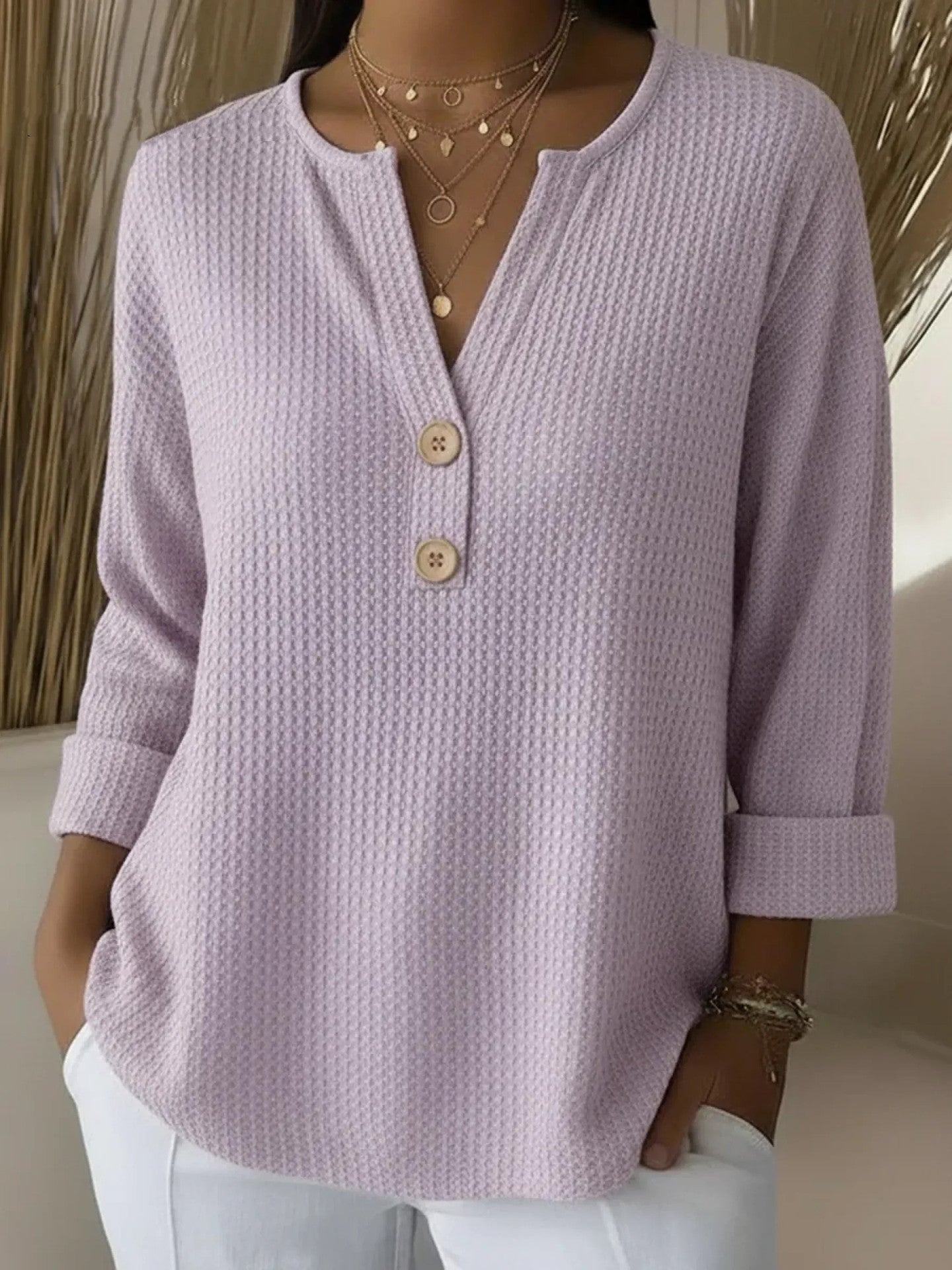 Women's Henley Button Top in Lilac