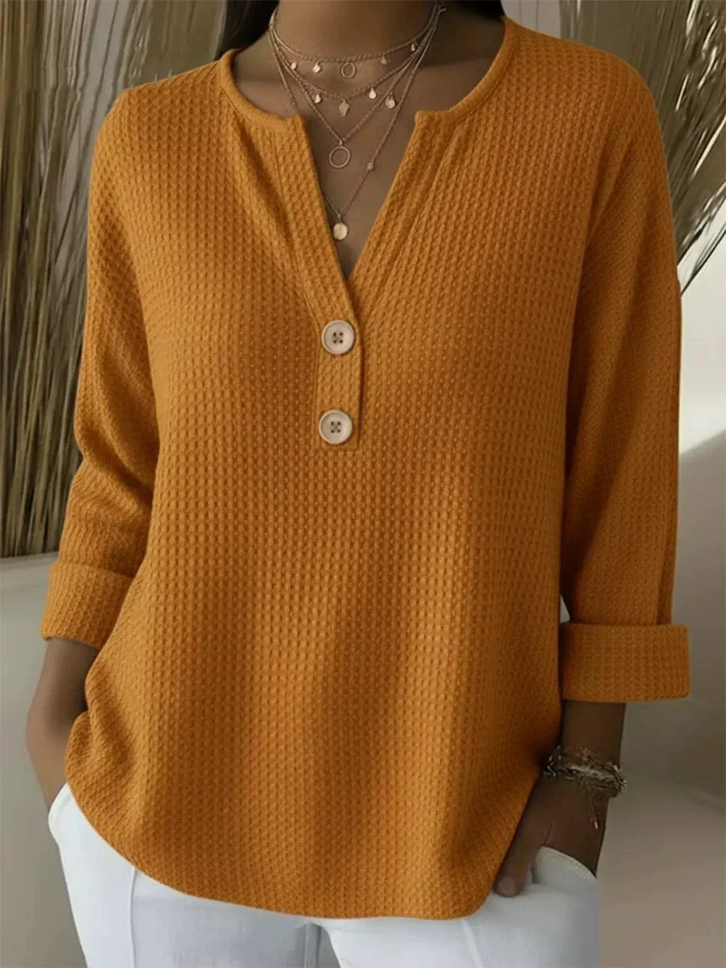 Women's Waffle Knit Henley Top in Orange