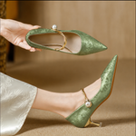 Women's Pearl-Strap Pointed-Toe Kitten Heels in Green