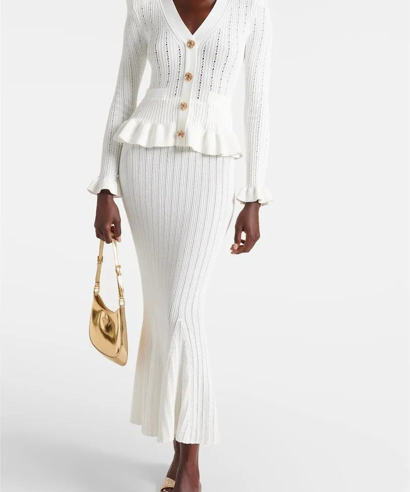 Ruffled Cardigan and Flared Midi Skirt in White