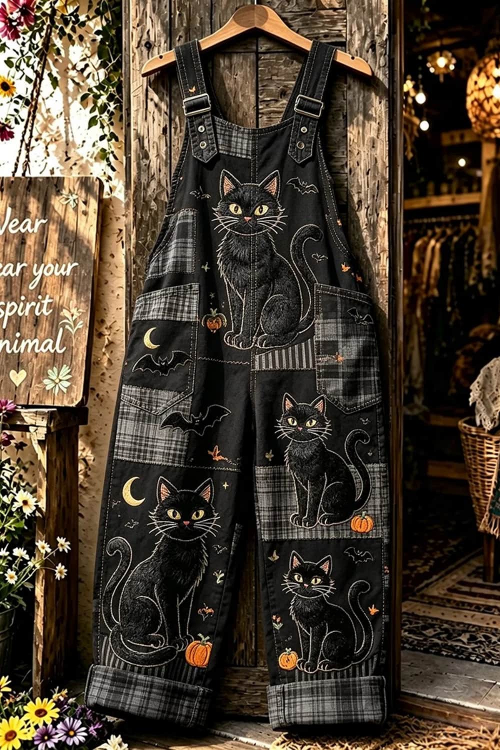 Women's Plaid Cat Pumpkin Jumpsuit in Black