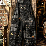 Women's Plaid Cat Pumpkin Jumpsuit in Black