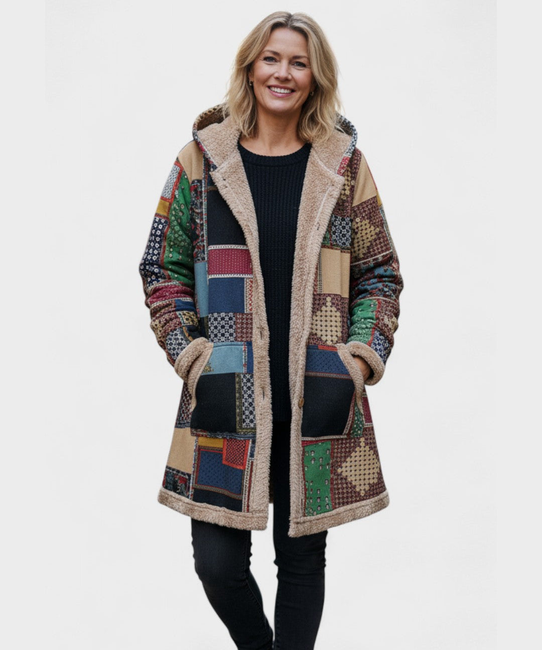 Women's Earth-Tone Patchwork Fleece Pullover, photo 2