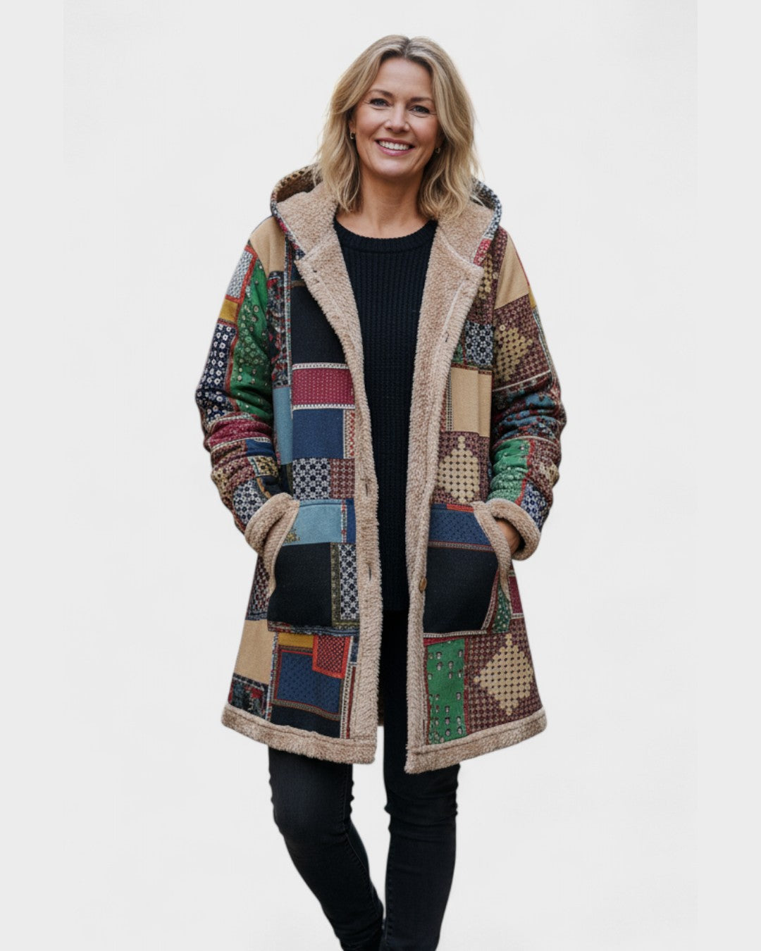 Women's Earth-Tone Patchwork Fleece Pullover, photo 2