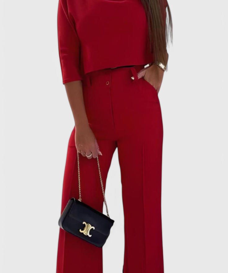 3/4 Sleeve Top with Wide Leg Pants Ensemble in Red