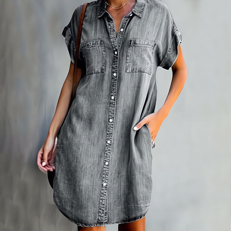 Women's Button-Front Denim Shirt Dress in Gray