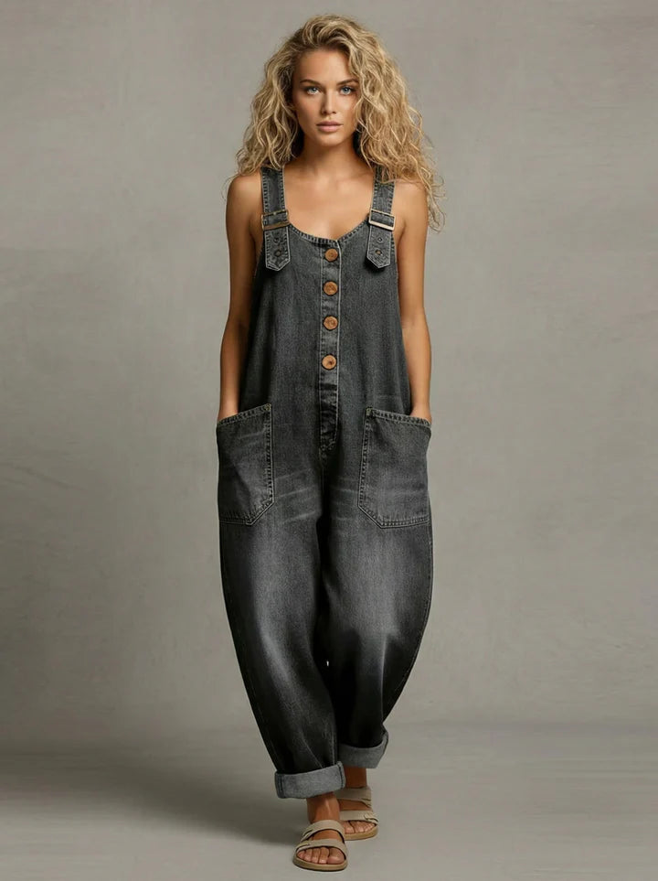 Women's Pocketed Denim Overalls in Black