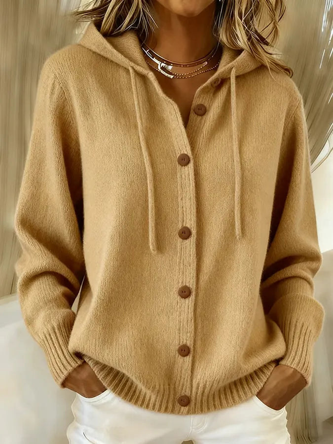 Women's Hooded Button-Front Cardigan in Khaki