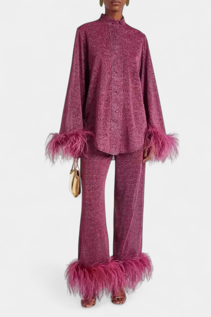 Long Sleeve Blouse & Casual Pants Set with Feather Necklace in Burgundy
