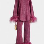 Long Sleeve Blouse & Casual Pants Set with Feather Necklace in Burgundy