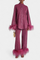 Long Sleeve Blouse & Casual Pants Set with Feather Necklace in Burgundy