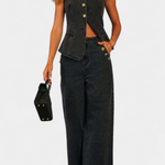 Fitted Sleeveless Jacket & Wide-Leg Jeans in Black
