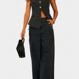 Fitted Sleeveless Jacket & Wide-Leg Jeans in Black