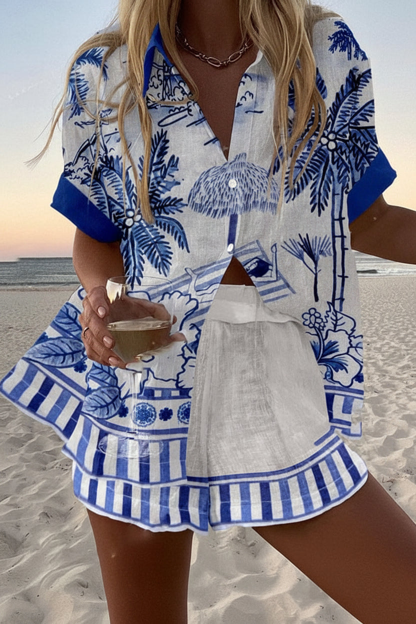 Women's Blue Palm Two-Piece Summer Set