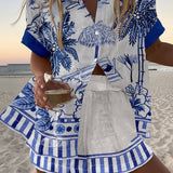 Women's Blue Palm Two-Piece Summer Set