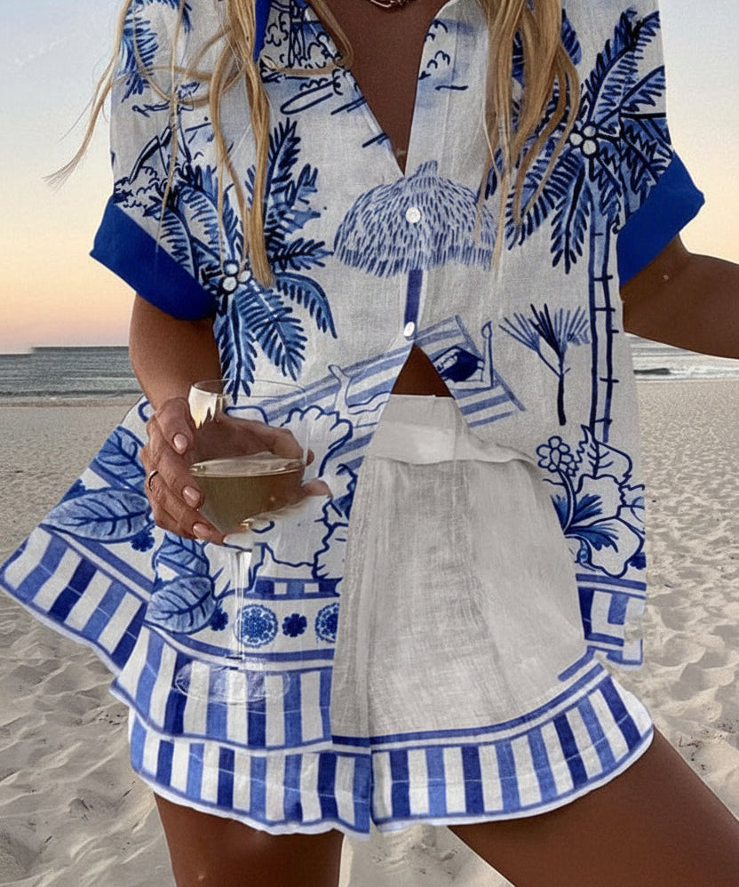 Women's Blue Palm Two-Piece Summer Set