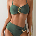 Metal Buckle Suspender Bikini Two-Piece in Green