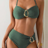 Metal Buckle Suspender Bikini Two-Piece in Green