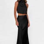 Two-Piece Draped Halter Neck Set with Open Back Design in Black