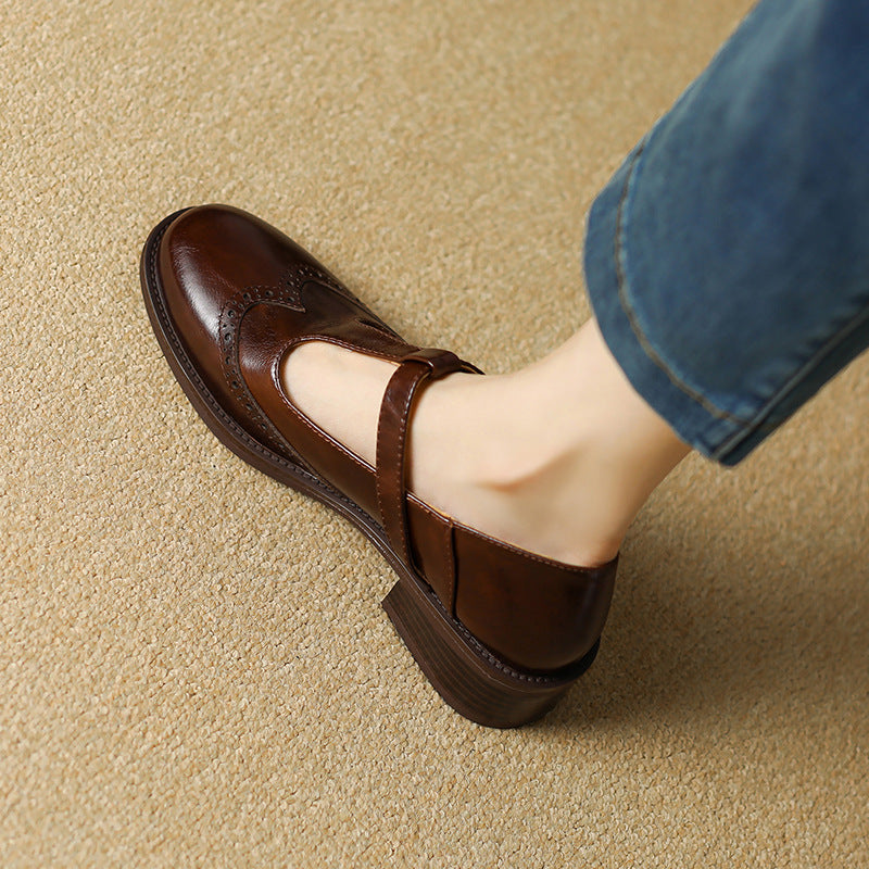 Women's Two-Tone Wingtip T-Strap Shoes in Brown