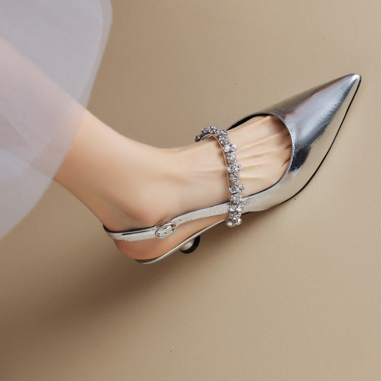 Women's Rhinestone Slingback Kitten Heels in Silver