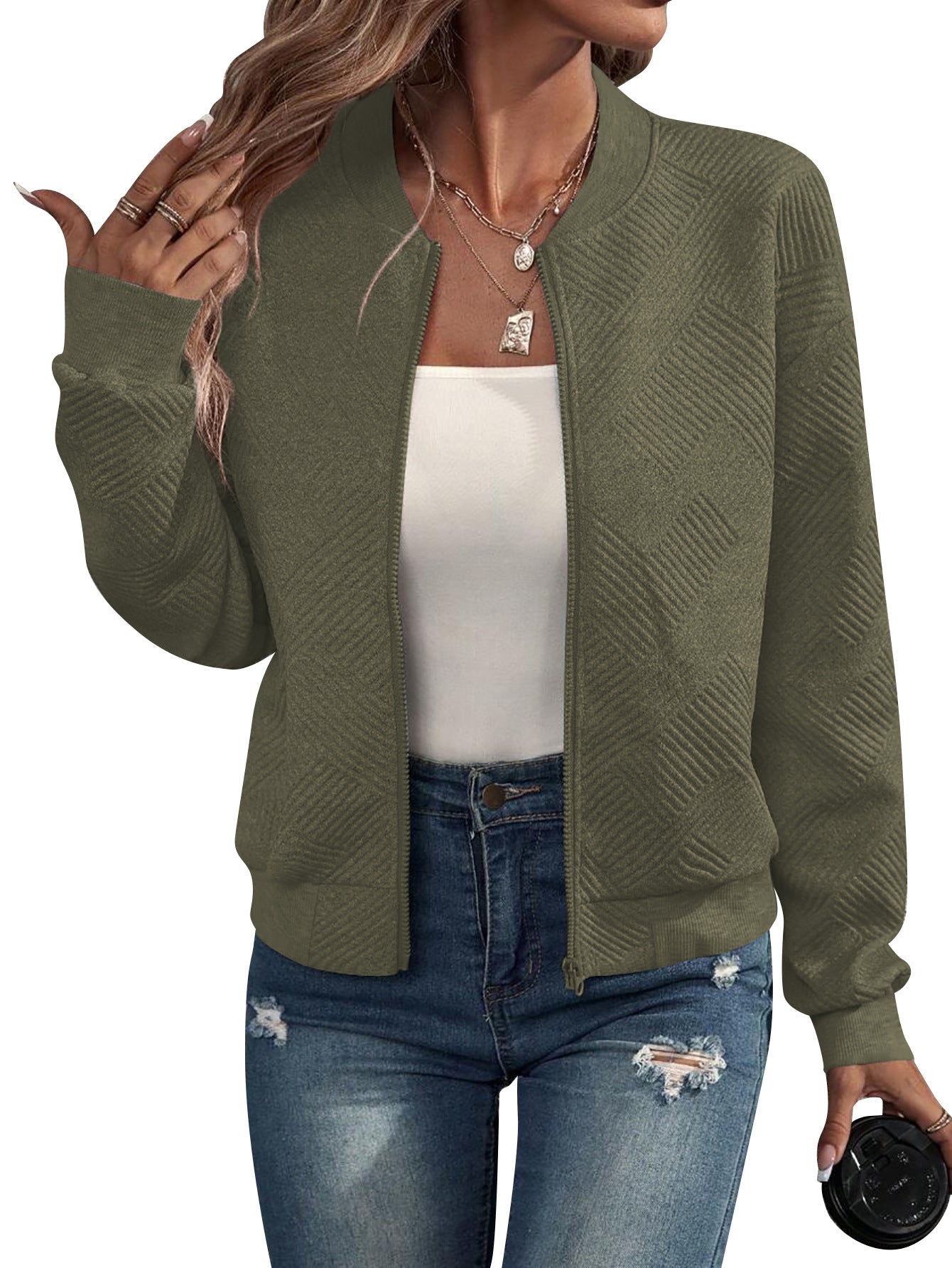 Women's Textured Bomber Jacket in Olive Green