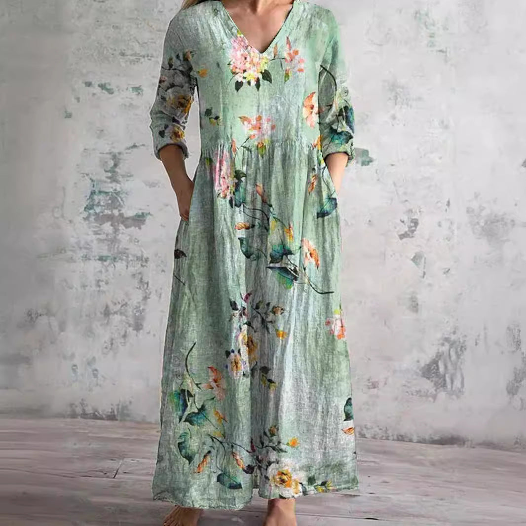 Floral V-Neck Summer Maxi Dress in Mint Green