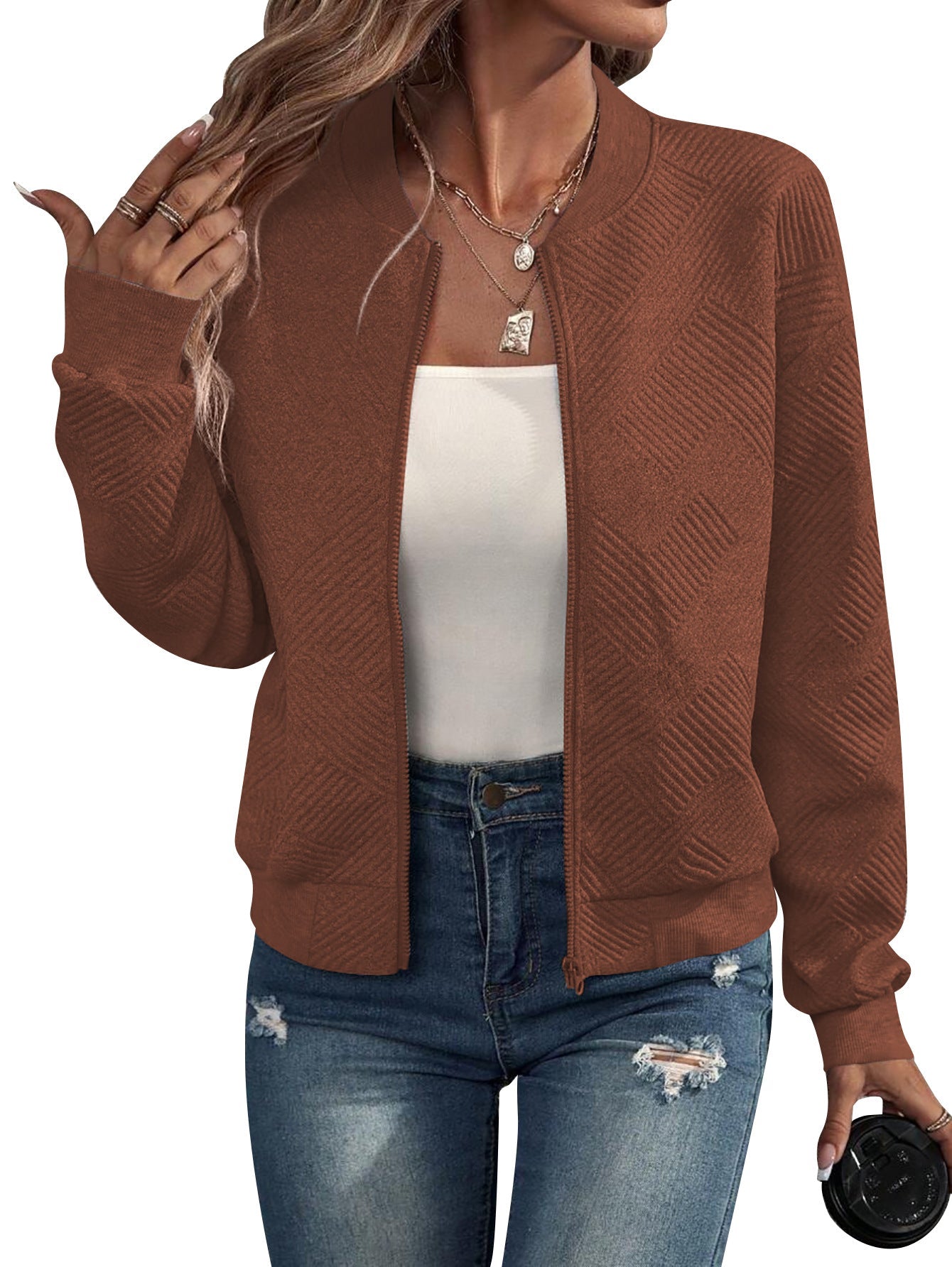 Women's Textured Bomber Jacket in Brown