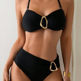Metal Buckle Suspender Bikini Two-Piece in Black