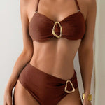 Metal Buckle Suspender Bikini Two-Piece in Brown