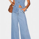 Fitted Sleeveless Jacket & Wide-Leg Jeans in Blue