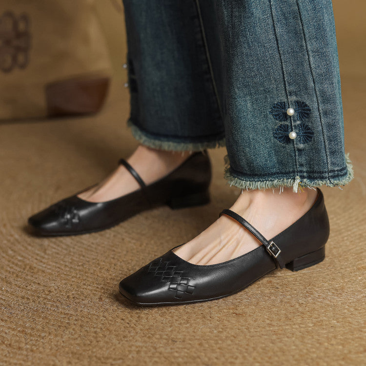 Women's Woven Square-Toe Mary Jane Flats in Black