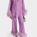 Long Sleeve Blouse & Casual Pants Set with Feather Necklace in Purple