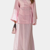 Women's V-Neck Top and Slit Skirt Ensemble in Pink