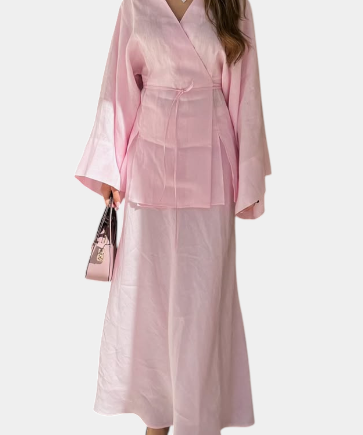 Women's V-Neck Top and Slit Skirt Ensemble in Pink