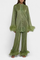 Long Sleeve Blouse & Casual Pants Set with Feather Necklace in Green