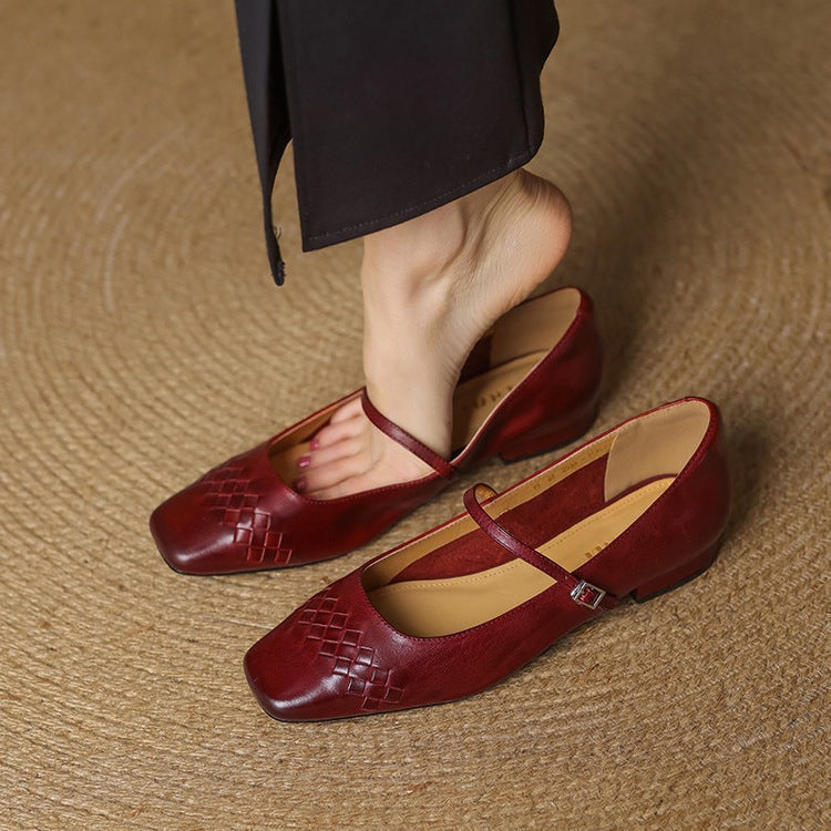 Women's Woven Square-Toe Mary Jane Flats in Red