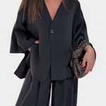 V-Neck Top with Straight-Leg Pants Set in Black