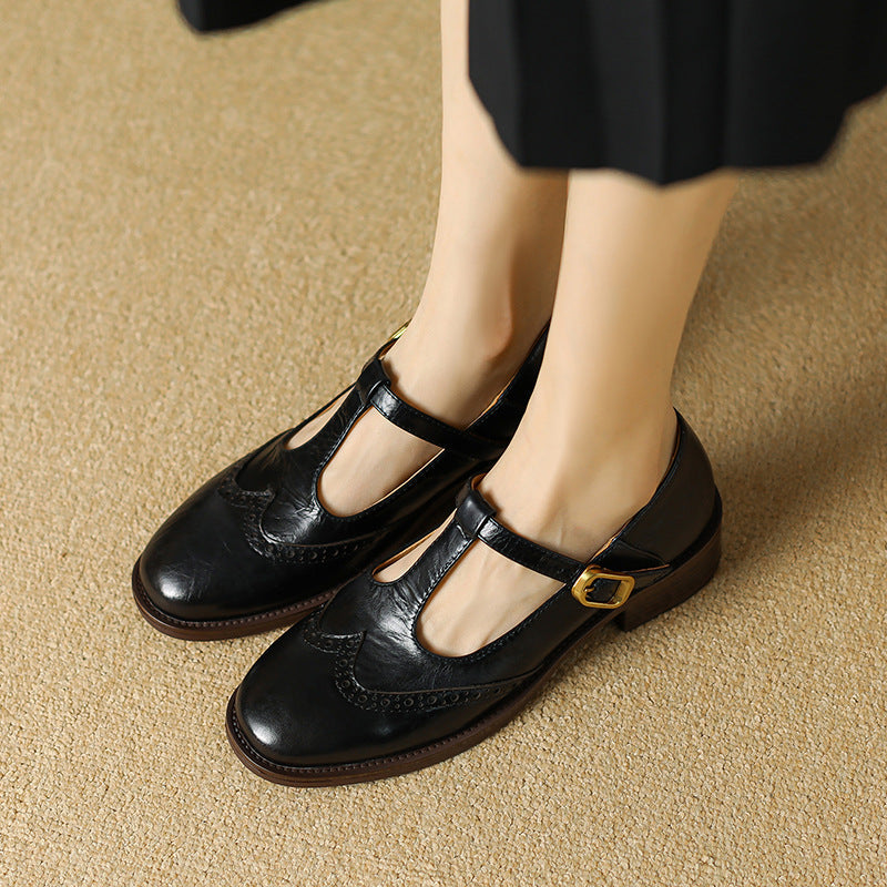Women's Two-Tone Wingtip T-Strap Shoes in Black