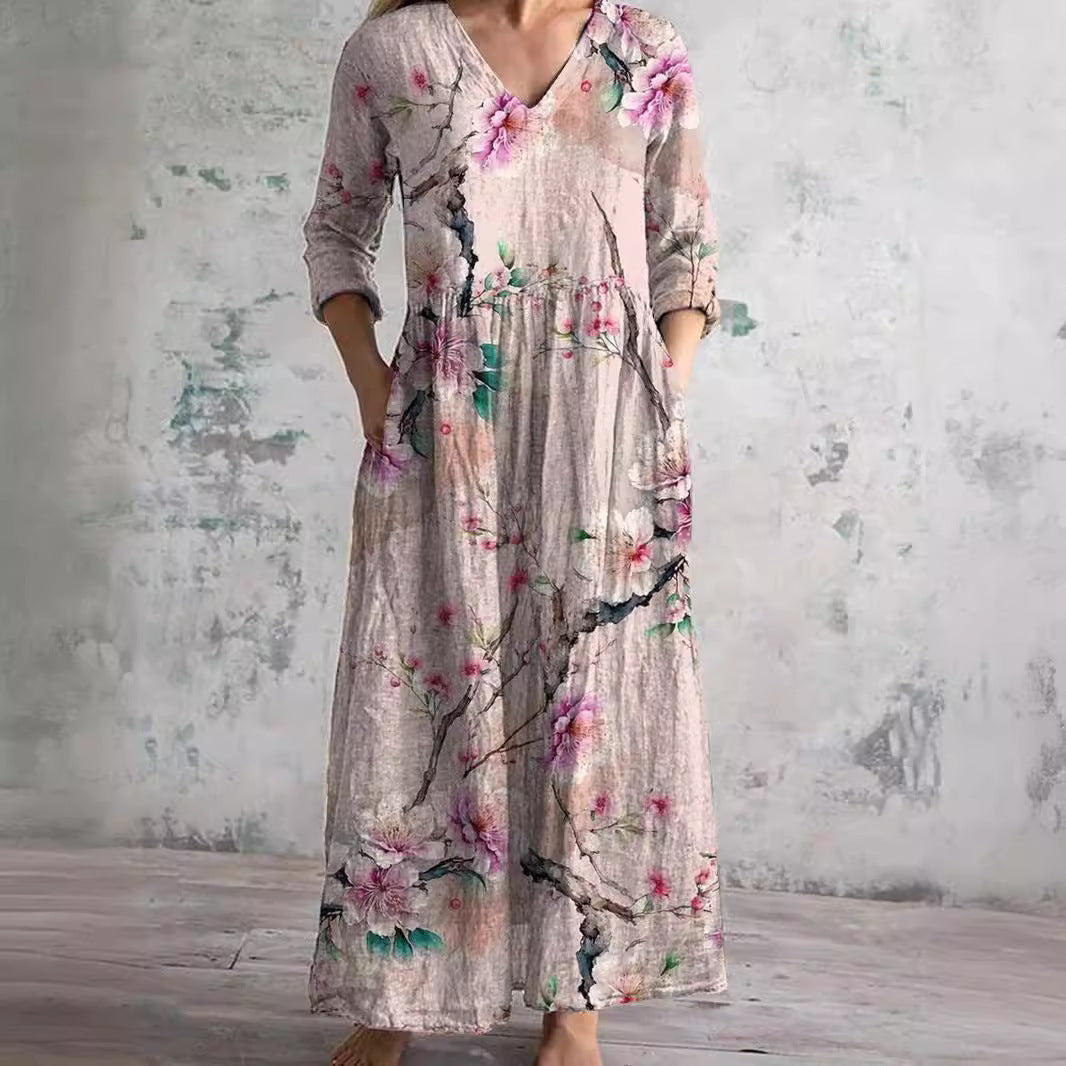 Floral V-Neck Summer Maxi Dress in Pink