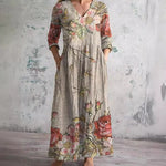 Floral V-Neck Summer Maxi Dress in Beige