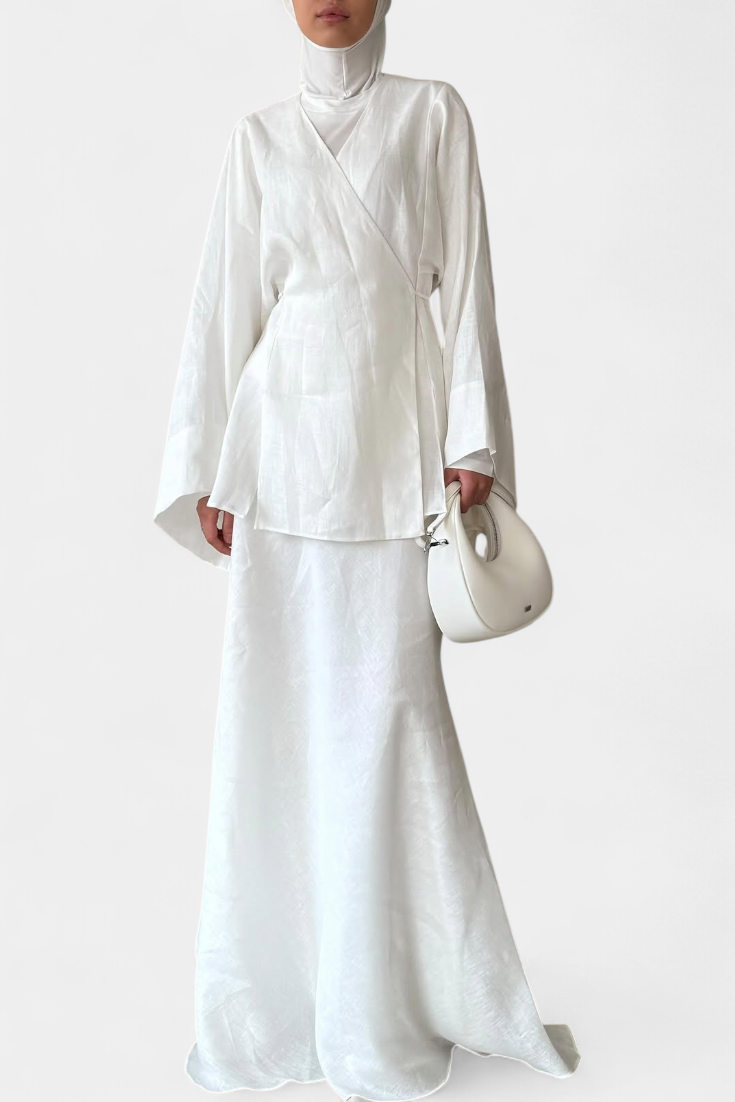 Women's V-Neck Top and Slit Skirt Ensemble in White