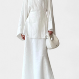 Women's V-Neck Top and Slit Skirt Ensemble in White