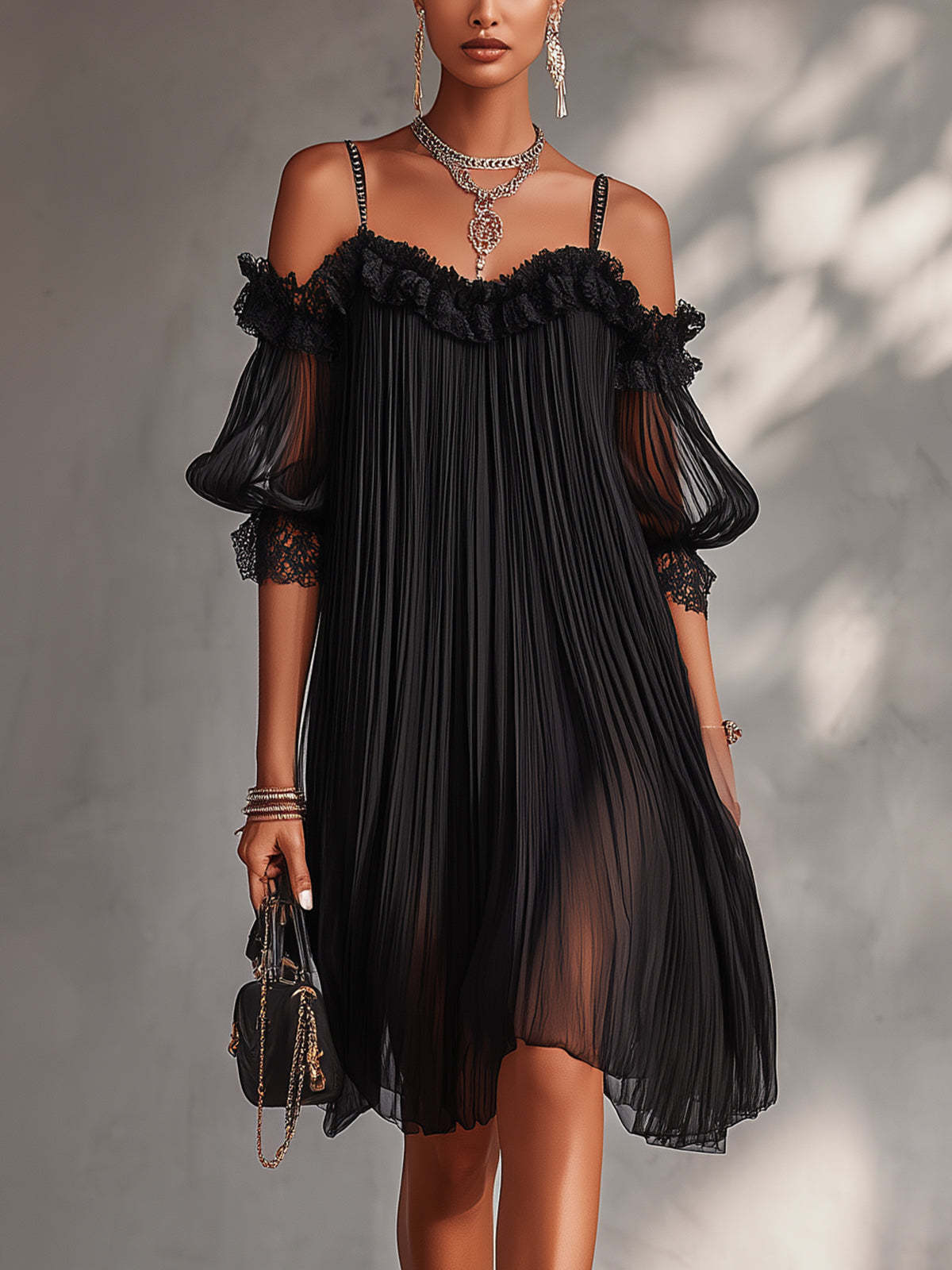 Women's Long Dress in Chiffon with V-Neck in Black