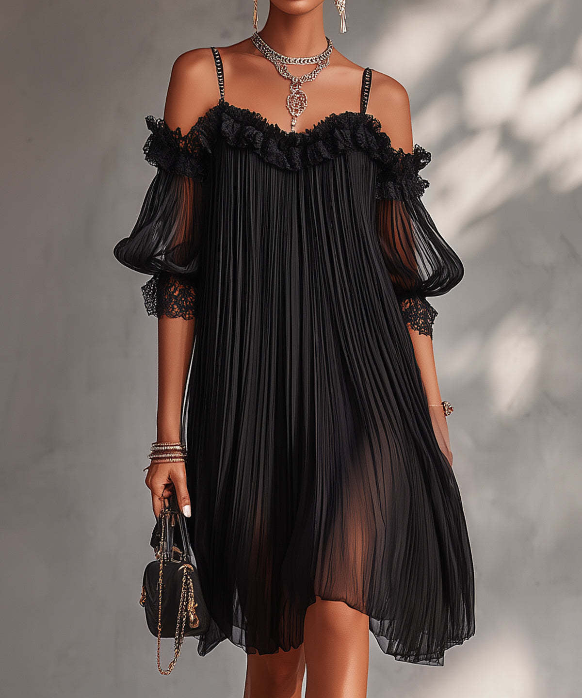 Women's Long Dress in Chiffon with V-Neck
