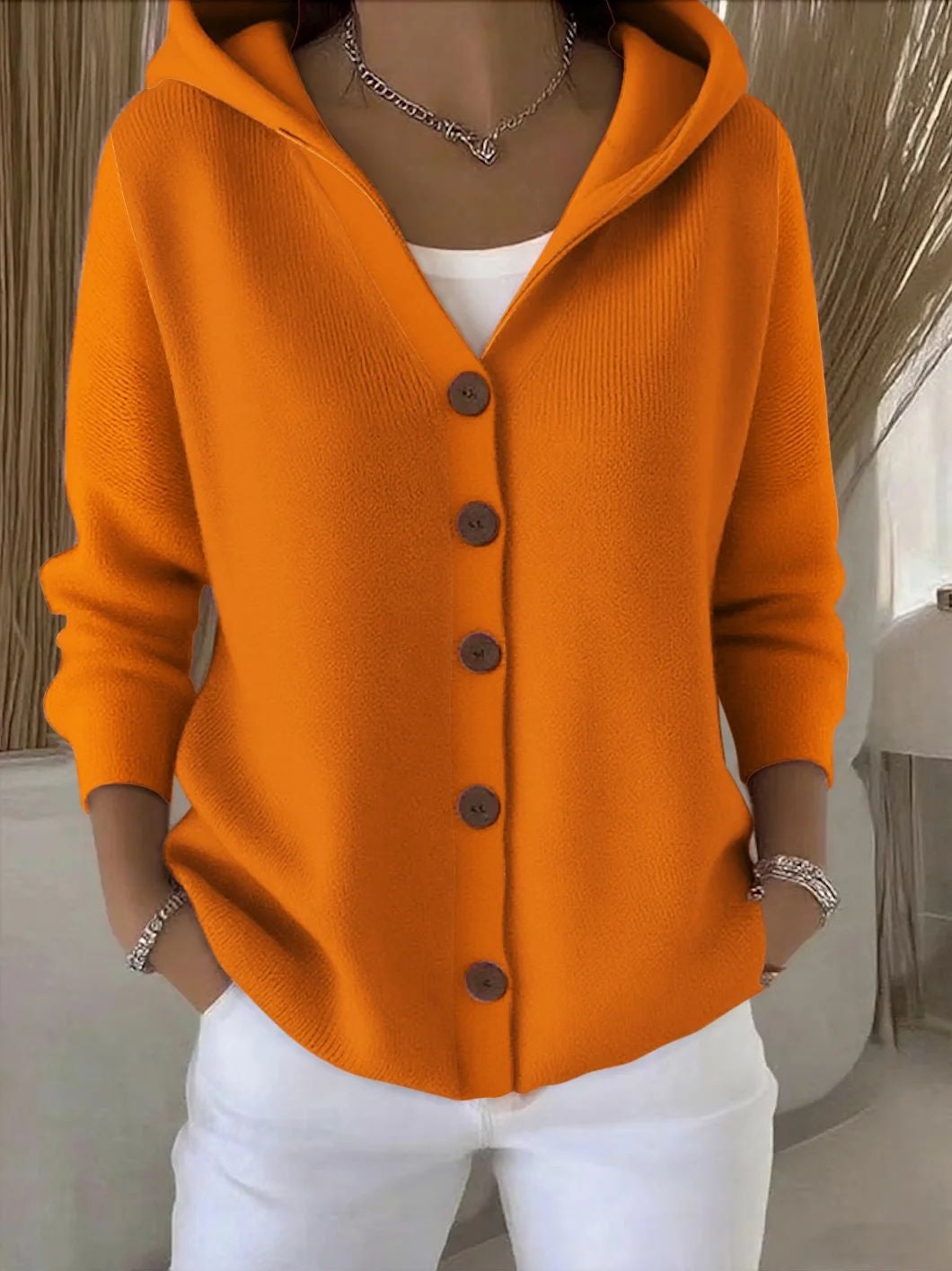 Women's Hooded Button-Up Knit Cardigan in Orange