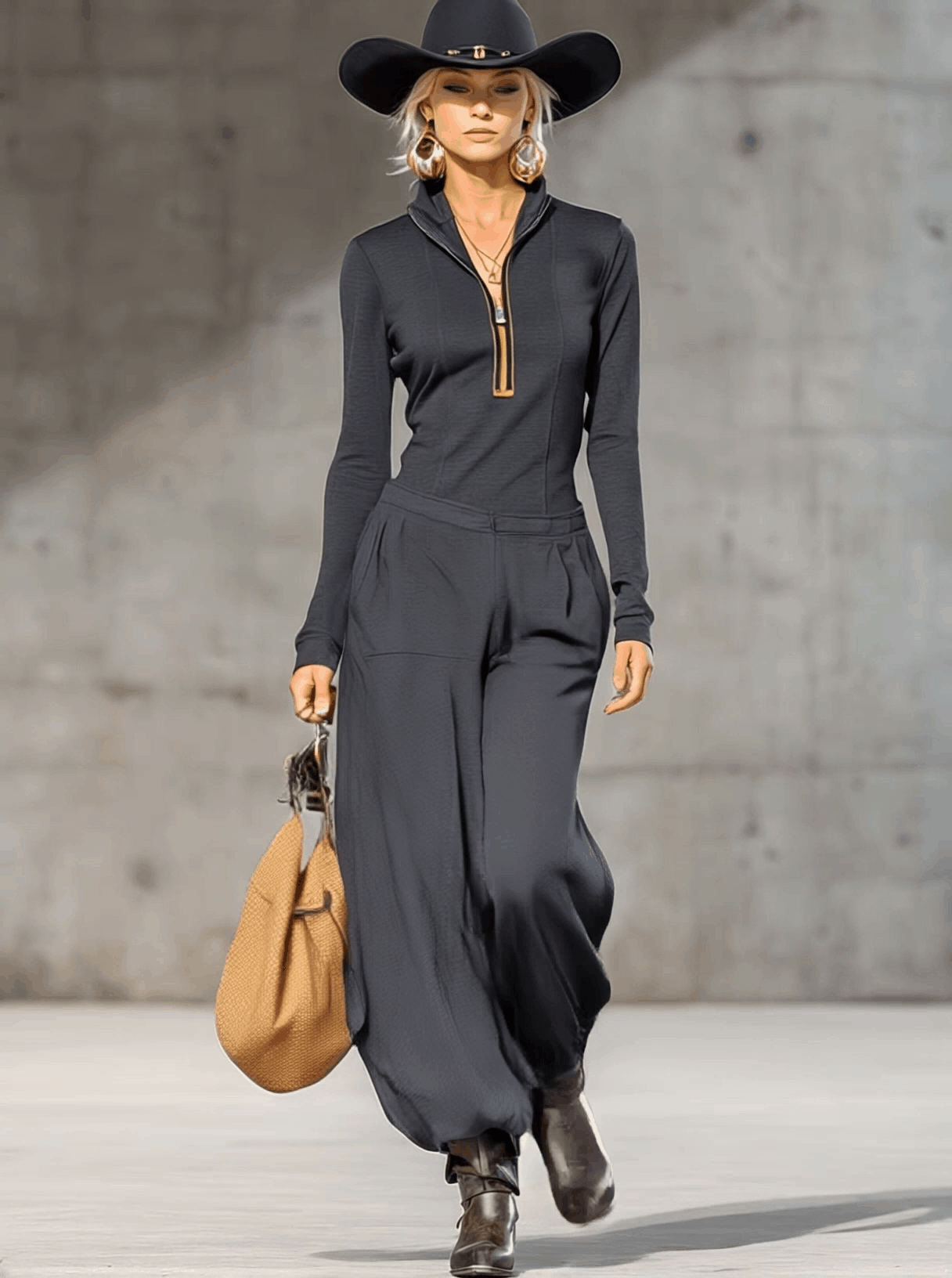 Dark Gray Set Featuring High Collar and Wide-Leg Pants, photo 6
