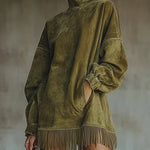 Women's Suede Dress with High Neck and Fringe in Green