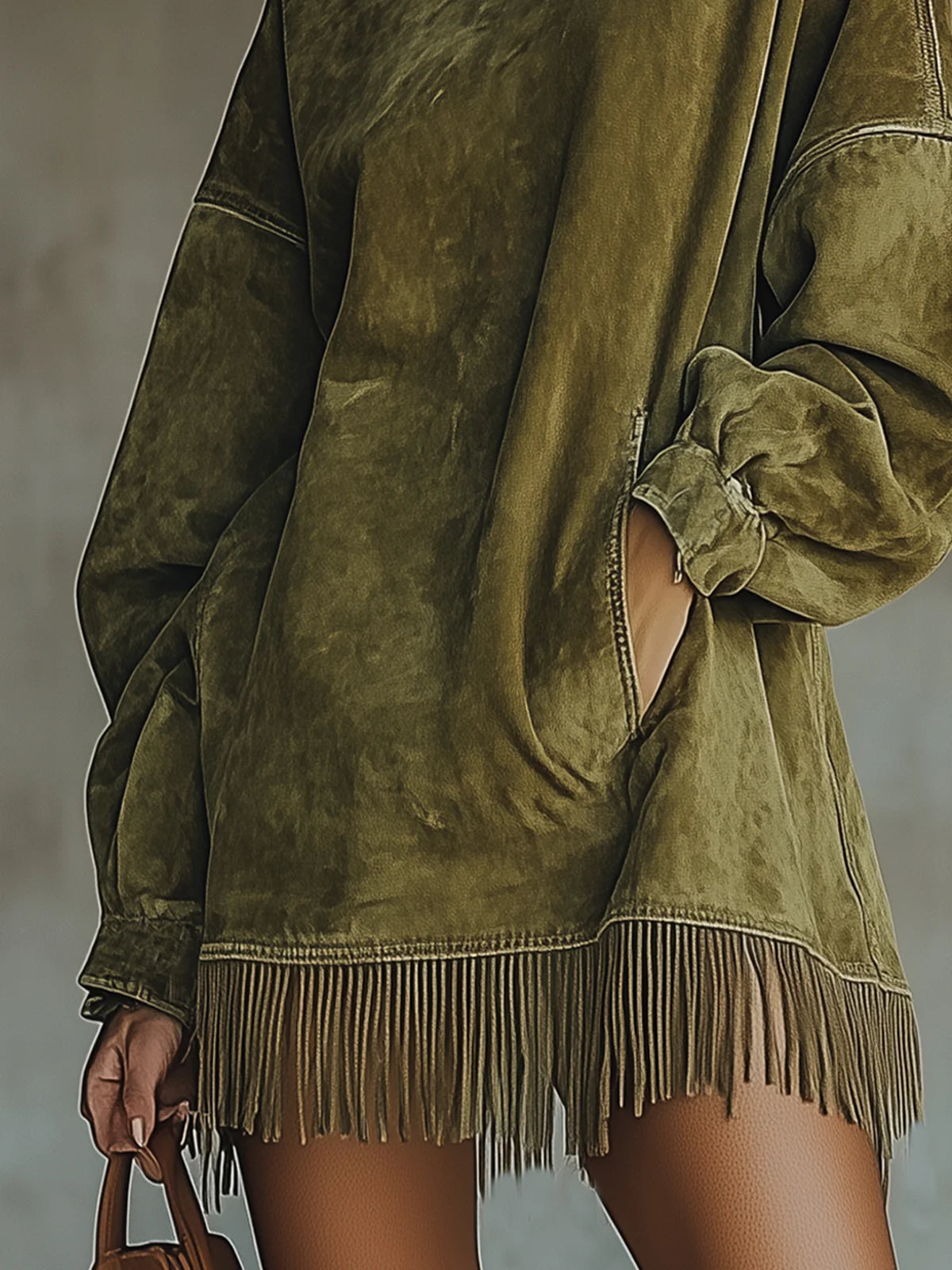 Women's Suede Dress with High Neck and Fringe, photo 5
